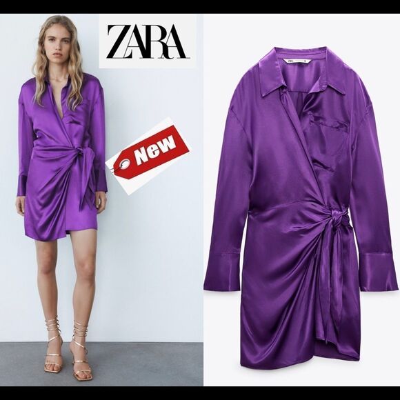 Zara purple satin effect bloggers fave wrap mini dress Sz S NWT - Picture 1 of 14